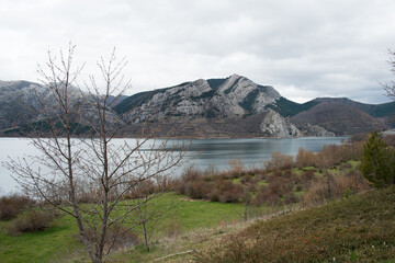 Beautiful landscape with mountains and waterreservoir at Caldas de Luna, Leon, Spain