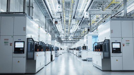 Wide shot of Bright Advanced Semiconductor Production Fab Cleanroom with Working Overhead Wafer Transfer System - obrazy, fototapety, plakaty