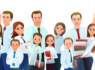 Family of Successful businessman. Cheerful persons in standing pose. Man and women with kids in business shirt tie. Cartoon comic style flat design. Separate character. Illustration Seamless Vector