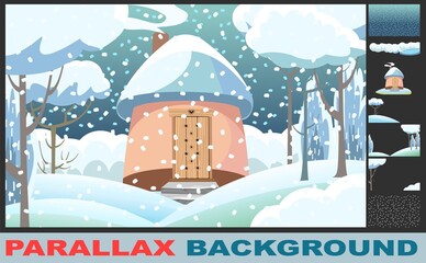 Fabulous funny house in snow. Set for parallax effect. Forest winter landscape. Dwelling of gnome. Beautiful cartoon illustration. Snowfall. Children cute picture. Vector