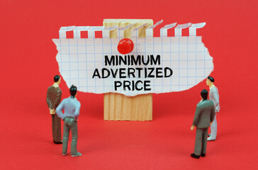 On a red background are miniature figures of people looking at an ad with the inscription - Minimum Advertized Price