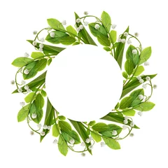 Rolgordijnen Round frame decorated with lily of the valley flowers and green leaves isolated on white © Ortis