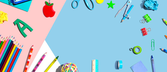 Collection of school supplies overhead view - flat lay