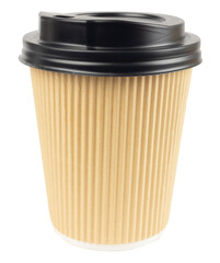 Craft paper coffee cup isolated on white. Cardboard coffee to go, tea container with black plastic lid.