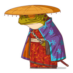 A Samurai, vector illustration. Calm anthropomorphic frog, wearing a beautiful patterned kimono and straw hat, keeping his sword in the scabbard. Humanized toad. An animal character with a human body.
