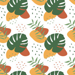 Green leaves monstera with abstract decorative elements. Seamless pattern. Can be used for wallpaper, fill web page background, surface textures