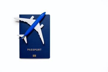 Biometric passport of a citizen with an airplane on a white background. International pass with personal information. Biometric passport for international flights and travel. Free space for text