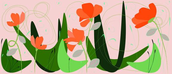 Abstract spring card. Funny blooming poppies on soft wind background. Flowers, buds, leaves and seeds.