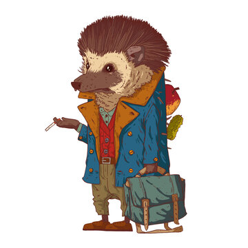 After a work day, vector illustration. Tired smoking anthropomorphic hedgehog in casual outfit, holding a bag and carrying an apple and a cucumber on his spines. An animal character with a human body.