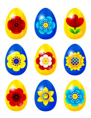Greeting Easter vertical card in vector with blue and yellow Easter eggs with floral pattern. Easter egg set.