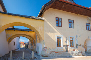Fototapeta premium Old houses of historic centre in Kezmarok town, Slovakia, Europe.