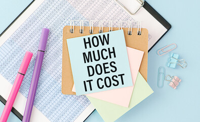 How Much Does it Cost inscription on a card on a wooden table next to a calculator, pen, and sheets for notes