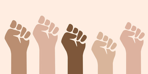 five multiracial hands clenched into a fist in a row