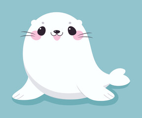 Cute Seal with White Fur Lying and Smiling on Blue Background Vector Illustration