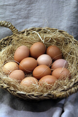 huevos de gallina en cesta campestre de mimbre y paja
