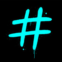 Sign of hashtag. Vector illustration. Urban street graffiti, y2k style. Splash effects and drops. Neon blue symbol is sprayed on black background.