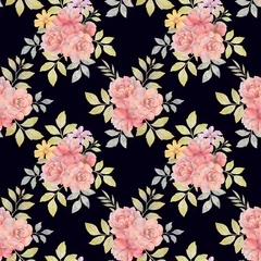 Rolgordijnen Vintage Bloemen Watercolor bouquets of flowers. Seamless botanical ornament of peony flowers with leaves on a bright background. Wallpaper for design, printing, packaging.  © Sergei