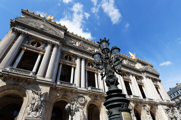 Front view of the Opera National de Paris. Grand Opera is famous neo-baroque building in Paris. Designed by Charles Garnier in 1875. Paris, France