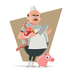 funny cartoon illustration of a grumpy butcher with meat sausages and a pig