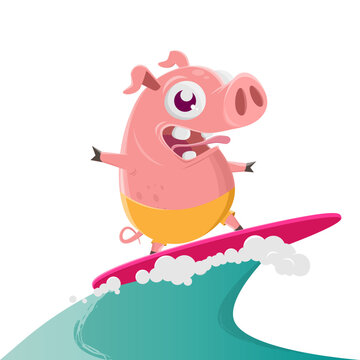 funny illustration of a surfing cartoon pig