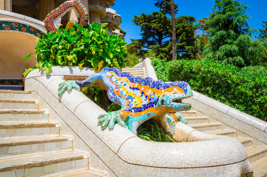 Beautiful lizard fountain in public park Guell in Barcelona, Catalonia, Spain.