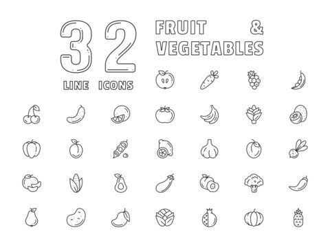 Set Of Outline Minimalistic Icons Of Fruit And Vegetable For Mobile Concepts And Web Apps. Collection Modern Infographic Logo. Vector Flat Illustration