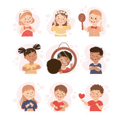 Self-love with Children Admiring Themselves Loving Their Appearance Vector Set