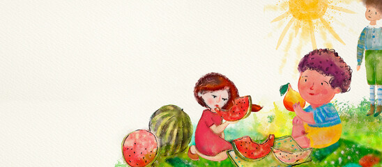 Picnic. Spring background for kids. Watercolor