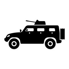 Armored car icon. Armored personnel carrier. SUV. Black silhouette. Side view. Vector simple flat graphic illustration. Isolated object on a white background. Isolate.