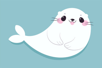 Cute Seal with White Fur Smiling on Blue Background Vector Illustration