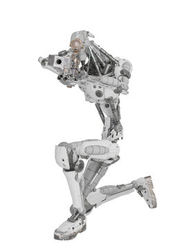 mechanical soldier is holding a rifle on sniper kneel pose front view