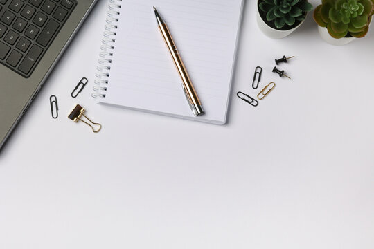 Top view of light working place with grey laptop, white notebook and gold colored pen on it, black and gold colored paper clips and two plants in a pot. Place for text