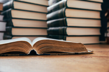 A stack of books on table
