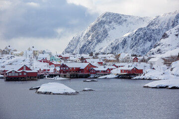 Winter landscape in Reine village, on the Lofoten islands, in Norway
