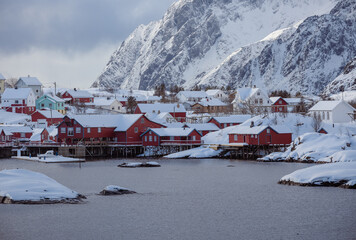 Winter landscape in Reine village, on the Lofoten islands, in Norway