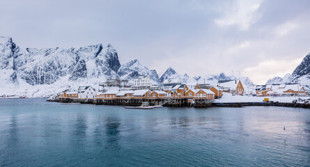 Panorama of Sakrisoy fishing village in the Lofoten archipelago in Norway - obrazy, fototapety, plakaty