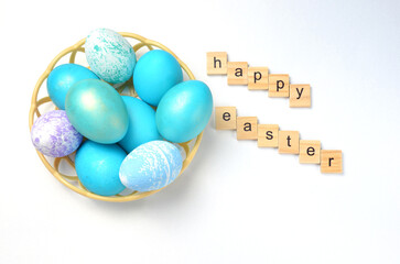 Easter greeting card. A frame with blue-speckled Easter eggs with a place to copy the text. isolated on a white background