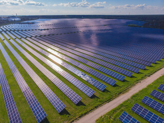 Aerial top view of a solar pannels power plant.