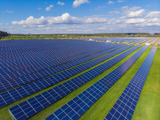 Aerial top view of a solar pannels power plant.