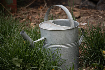 Metal watering can on grass background
