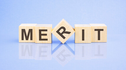 merit - text on wooden blocks, business concept, blue background