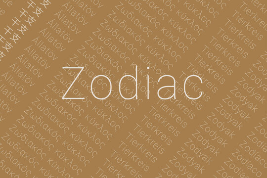 Word Zodiac in languages of world. Logo Zodiac on Dark gray-yellow color