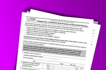 Naklejka premium Form 12153 documentation published IRS USA 05.13.2020. American tax document on colored