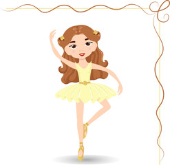 Cute girl ballerina in a yellow dress, vector illustration on a white background.