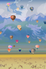 Vector image, festival of hot air balloons in the mountains
