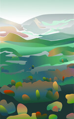 Vector image, mountain landscape with beautiful dense autumn forest