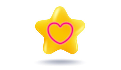 Vector icon of a yellow star with pink heart in 3D style. Achievements for games or customer rating feedback of website. Illustration of a star in realistic 3d style.