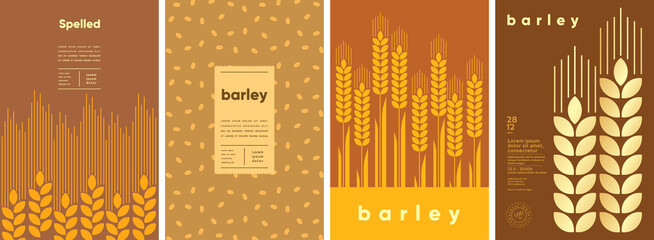 Barley. Spelled. Set of vector illustrations. Label design, price tag, cover design. Backgrounds and patterns.