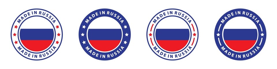 Made in the Russia labels Icon, made in the Russia logo, Russia flag, Russian product emblem, Vector illustration