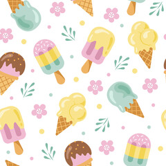 Ice cream seamless pattern. Tasty waffle cone, ice cream on stick, flowers and leaves. Summer, vacation, birthday or sweet food theme background. Cartoon desserts wallpaper in pastel colors. 